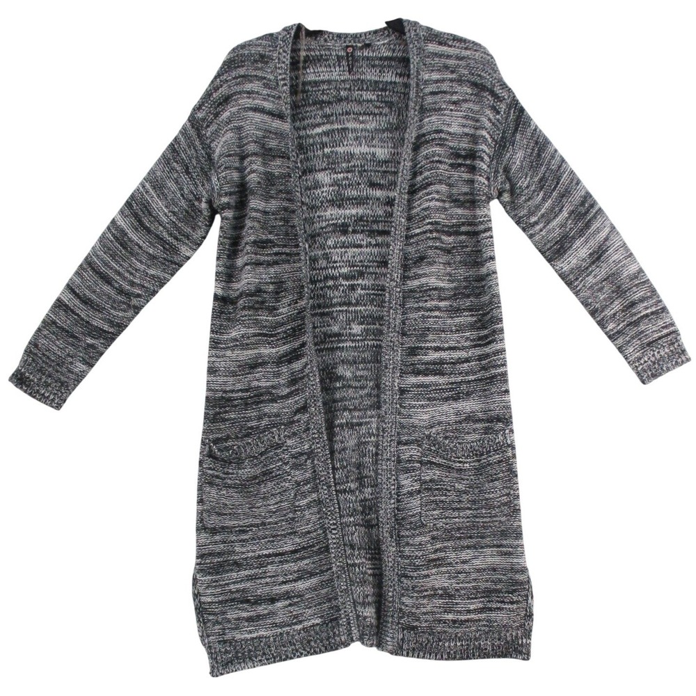 Poof! Womens Marled Knit Longline Open Front Cardigan Black White Small